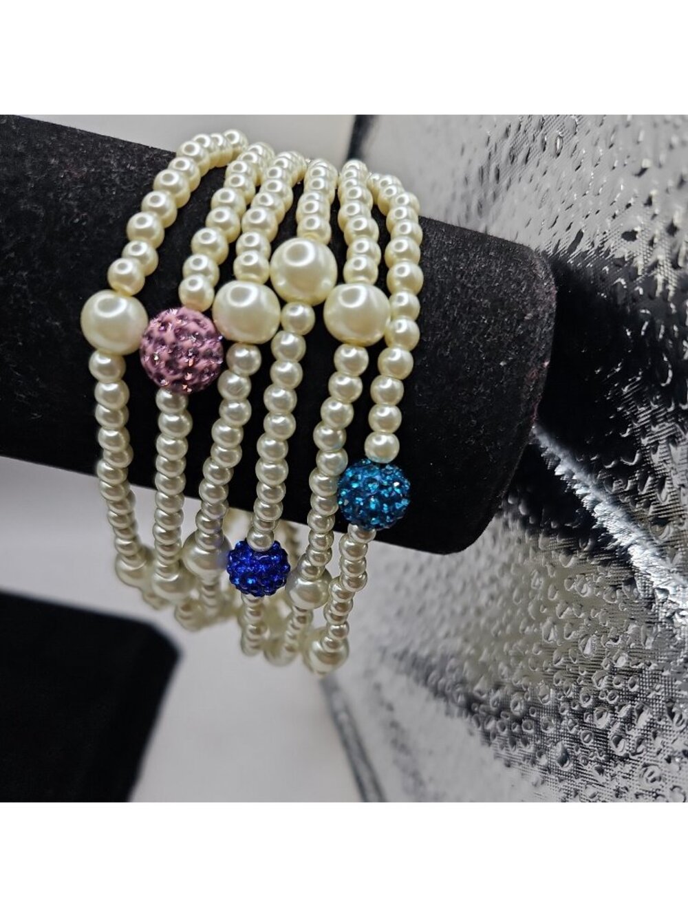 VTG Bracelet FAUX Pearl Clay Beads  W Crystals  fish hook clasp